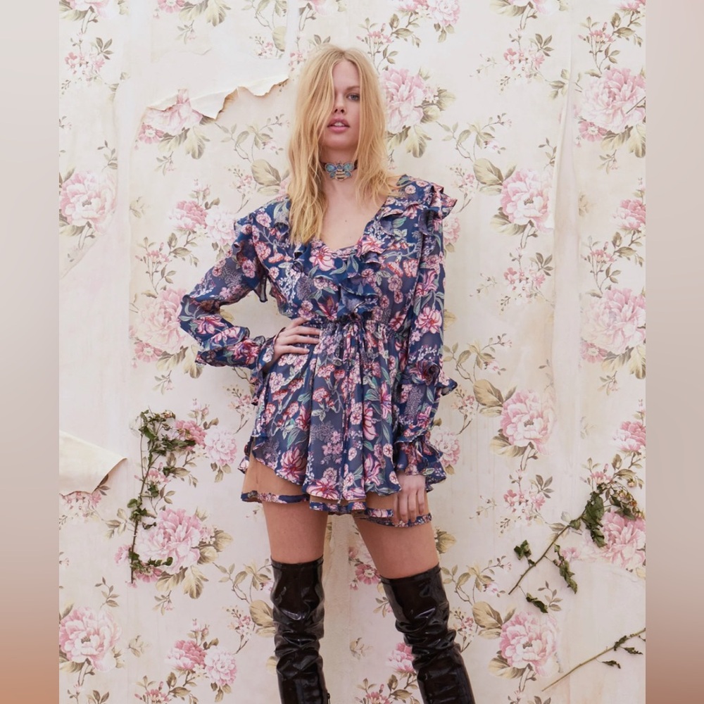 For Love and Lemons Flora Drawstring Mini Dress in Navy Floral